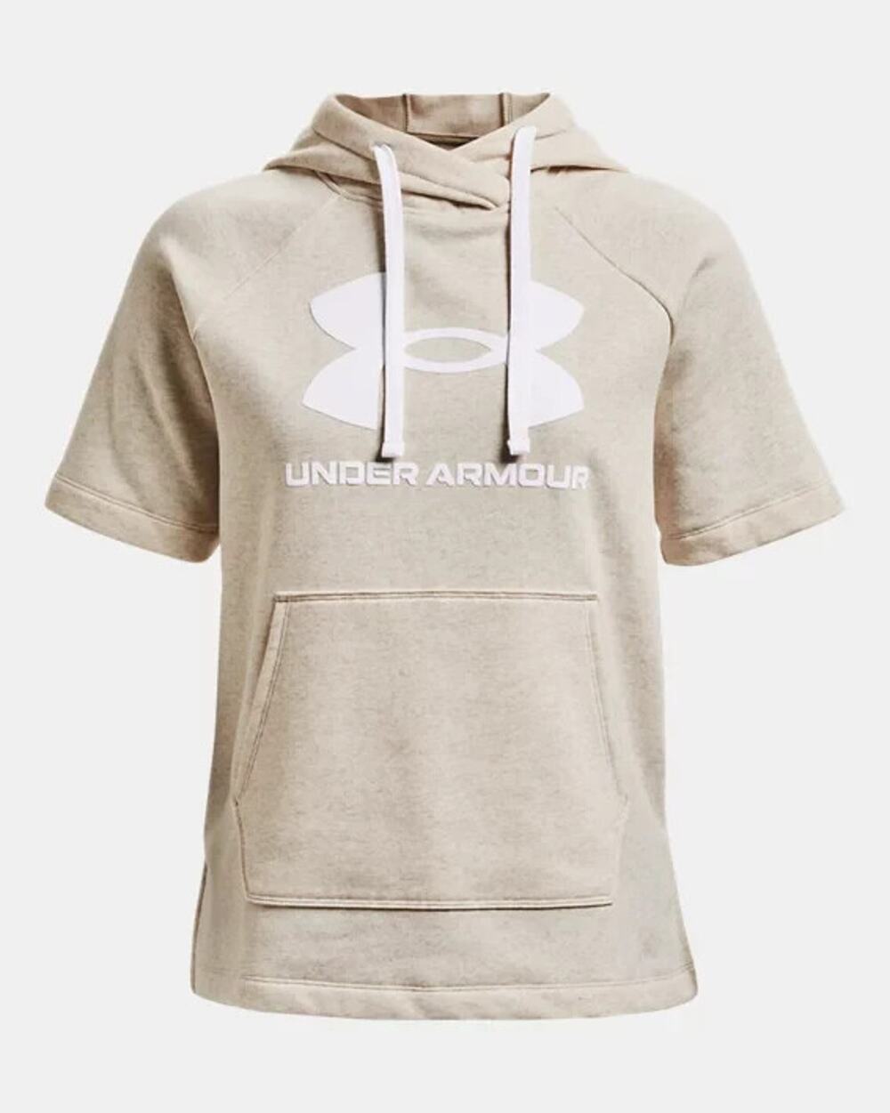 Under Armour Hoodie Sweatshirt Women's Small Oatmeal Light Fleece Short Sleeve